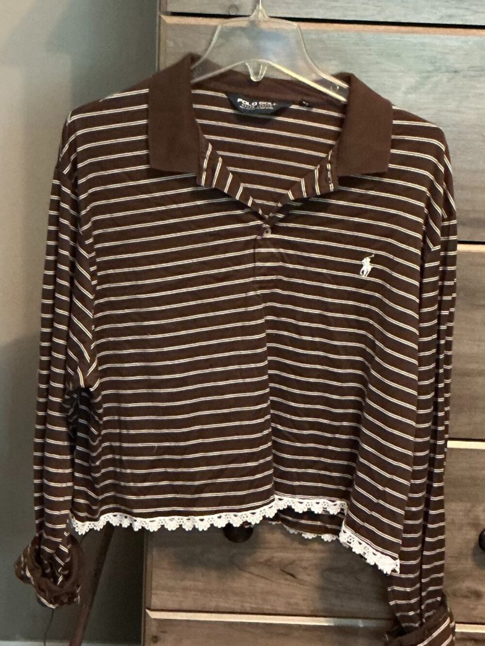 Upcycled Polo brown and white striped cropped shirt Size M/L